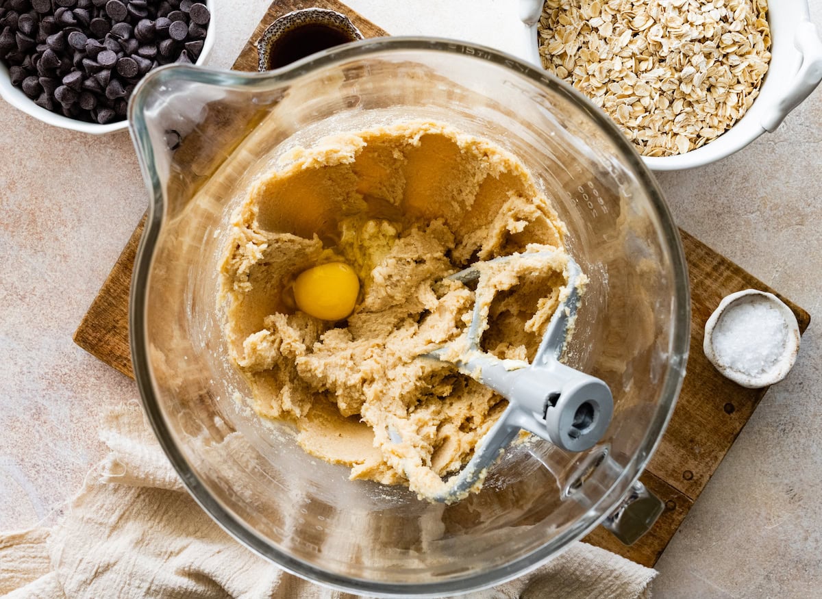 butter creamed together with eggs and vanilla in mixing bowl. 