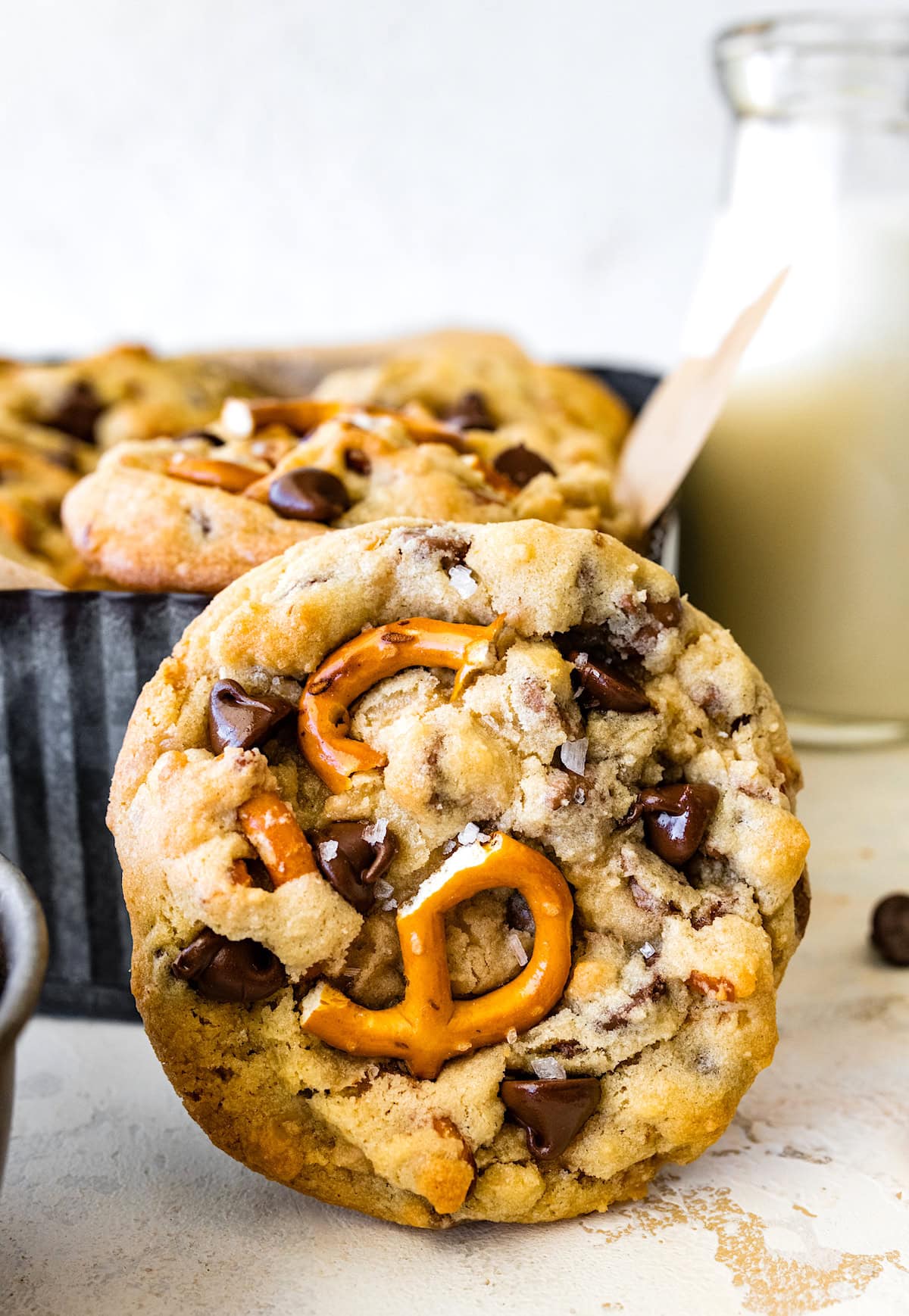 close up of pretzel toffee chocolate chip cookie. 