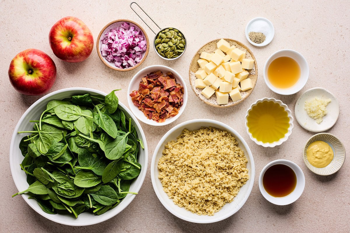 ingredients to make Apple, Bacon & White Cheddar Quinoa Spinach Salad.