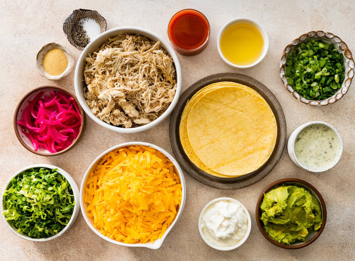 ingredients to make crispy buffalo chicken tacos. 