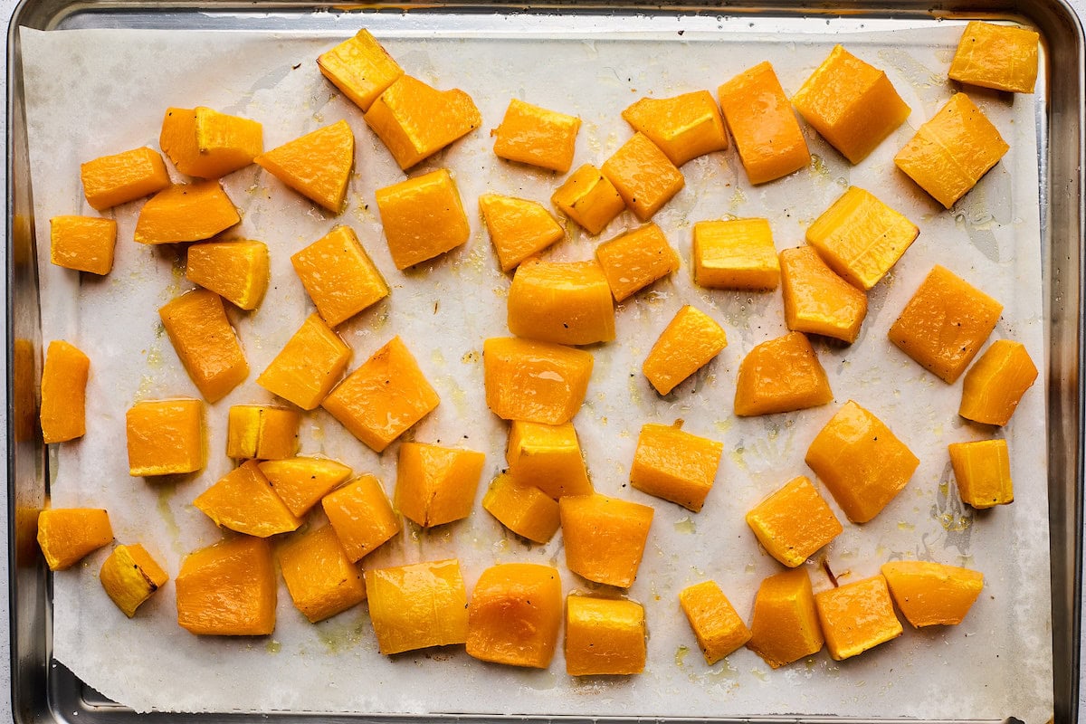 roasted butternut squash on baking sheet. 