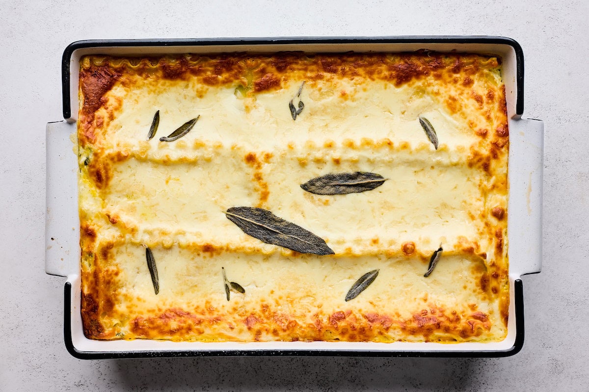 butternut squash lasagna in baking dish. 