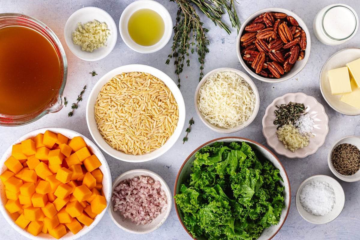 ingredients in bowls to make butternut squash orzo. 