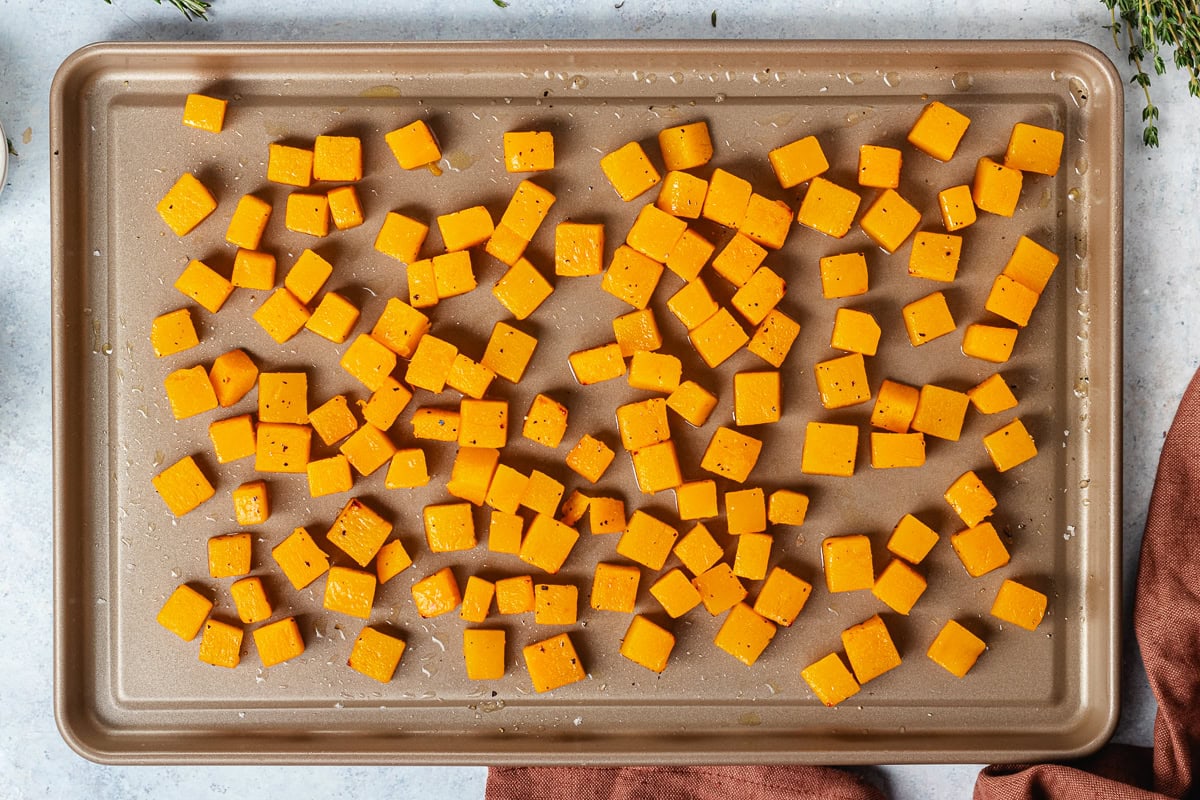 roasted butternut squash on baking sheet. 