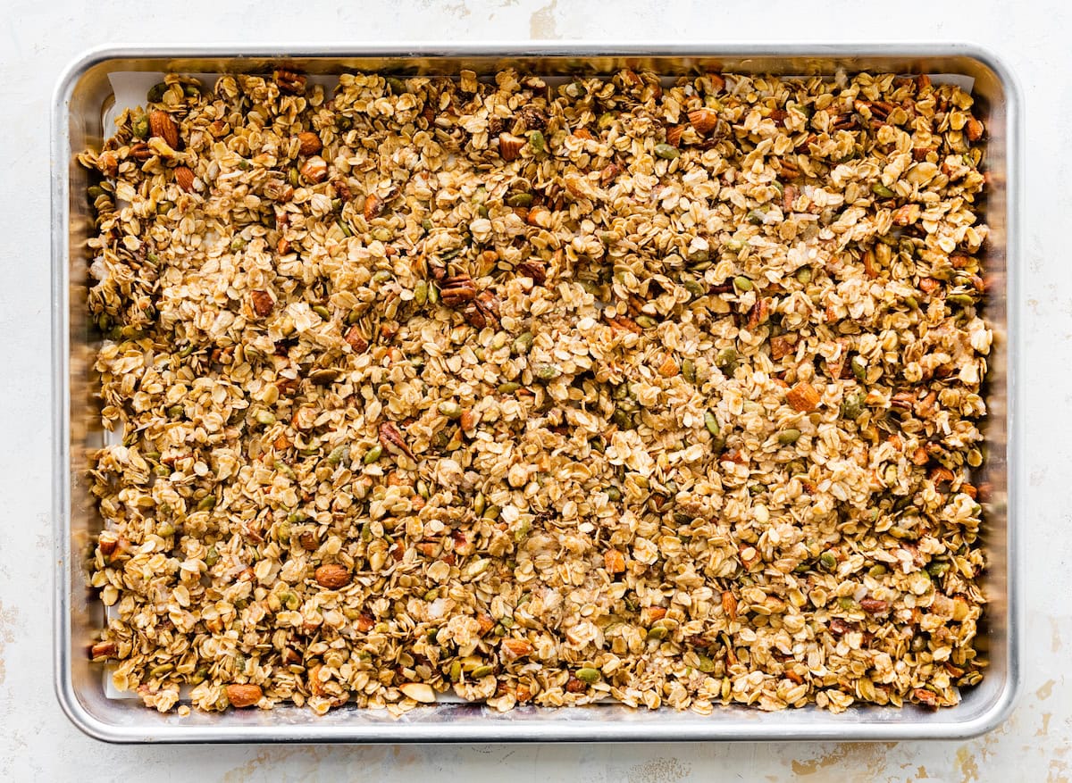 homemade granola on baking sheet. 