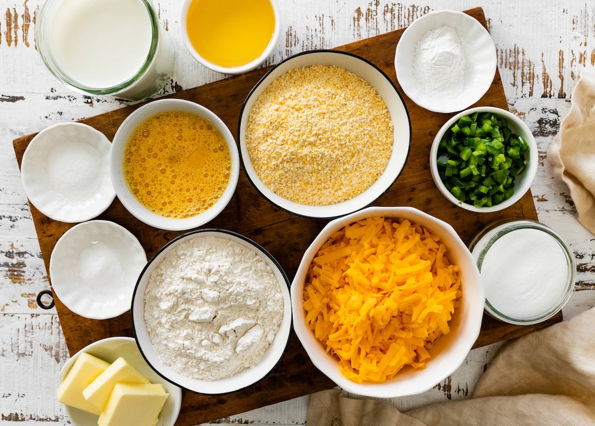 ingredients in bowls to make jalapeño cheddar cornbread. 