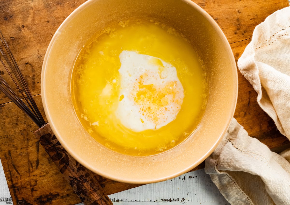 oil, butter, buttermilk, and eggs in mixing bowl. 