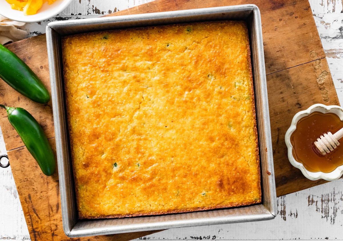 jalapeño cheddar cornbread in pan. 