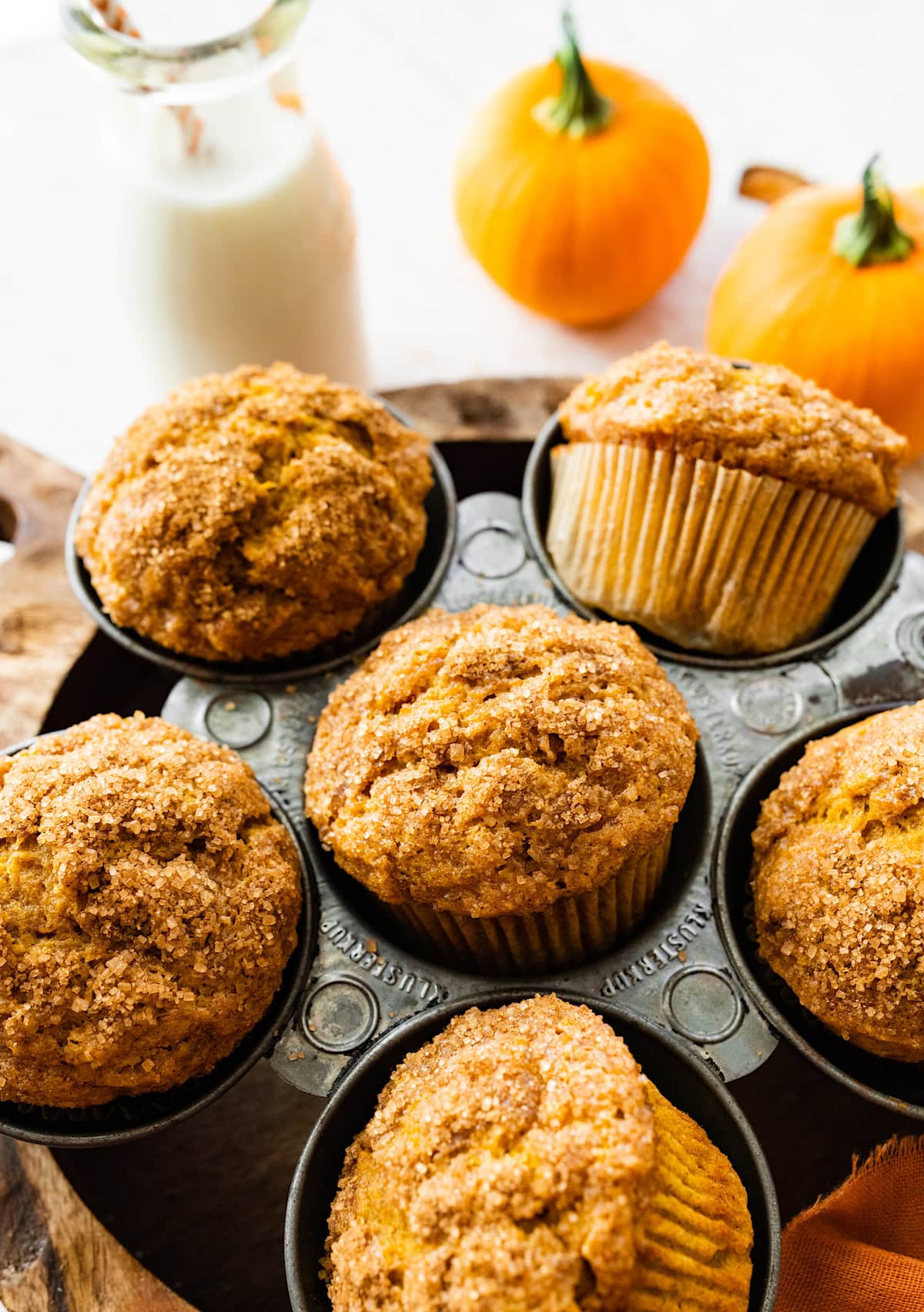 pumpkin banana muffins in muffin tin. 