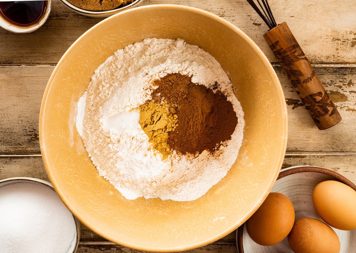 dry ingredients in mixing bowl to make apple cake. 