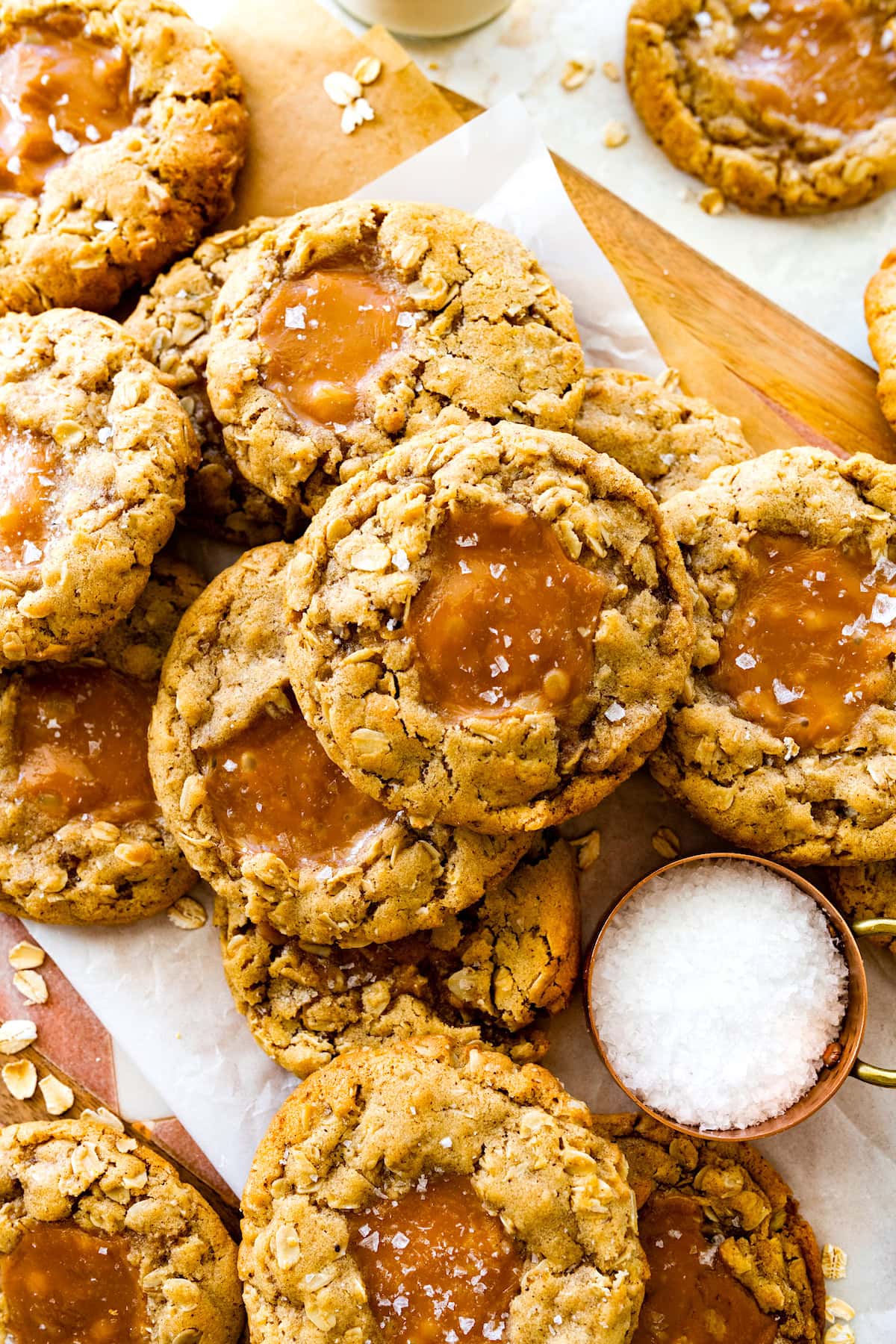 brown butter caramel oatmeal cookies with flaky sea salt. 