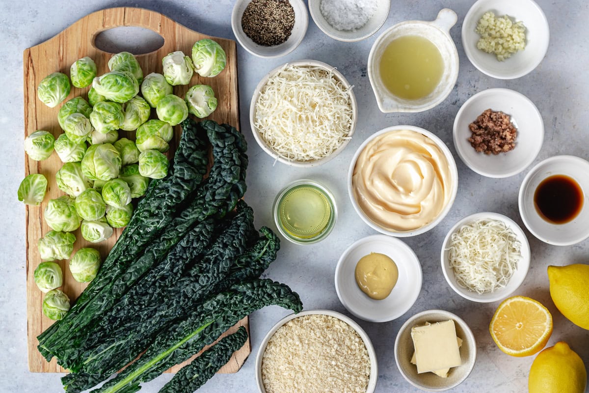 ingredients to make Brussels Sprouts Kale Caesar Salad. 