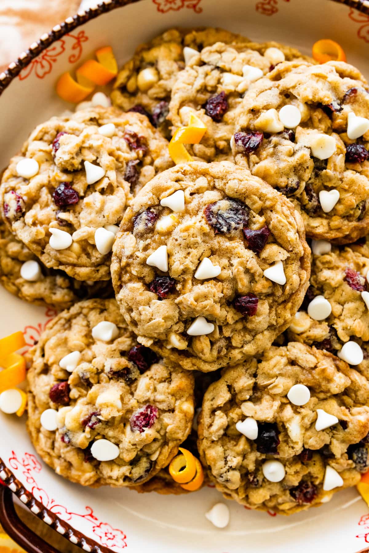 cranberry orange white chocolate oatmeal cookies on plate. 