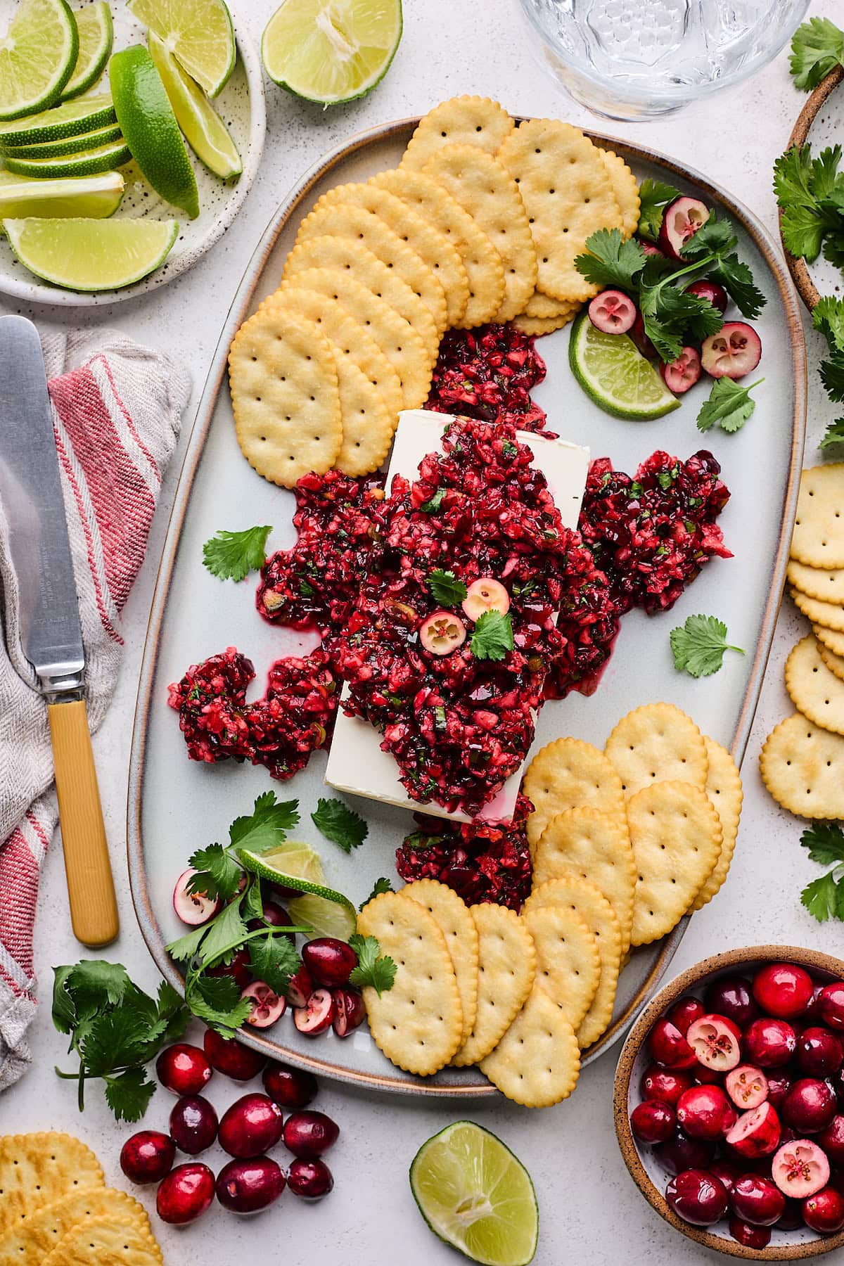 cranberry salsa on top of block of cream cheese with crackers. 