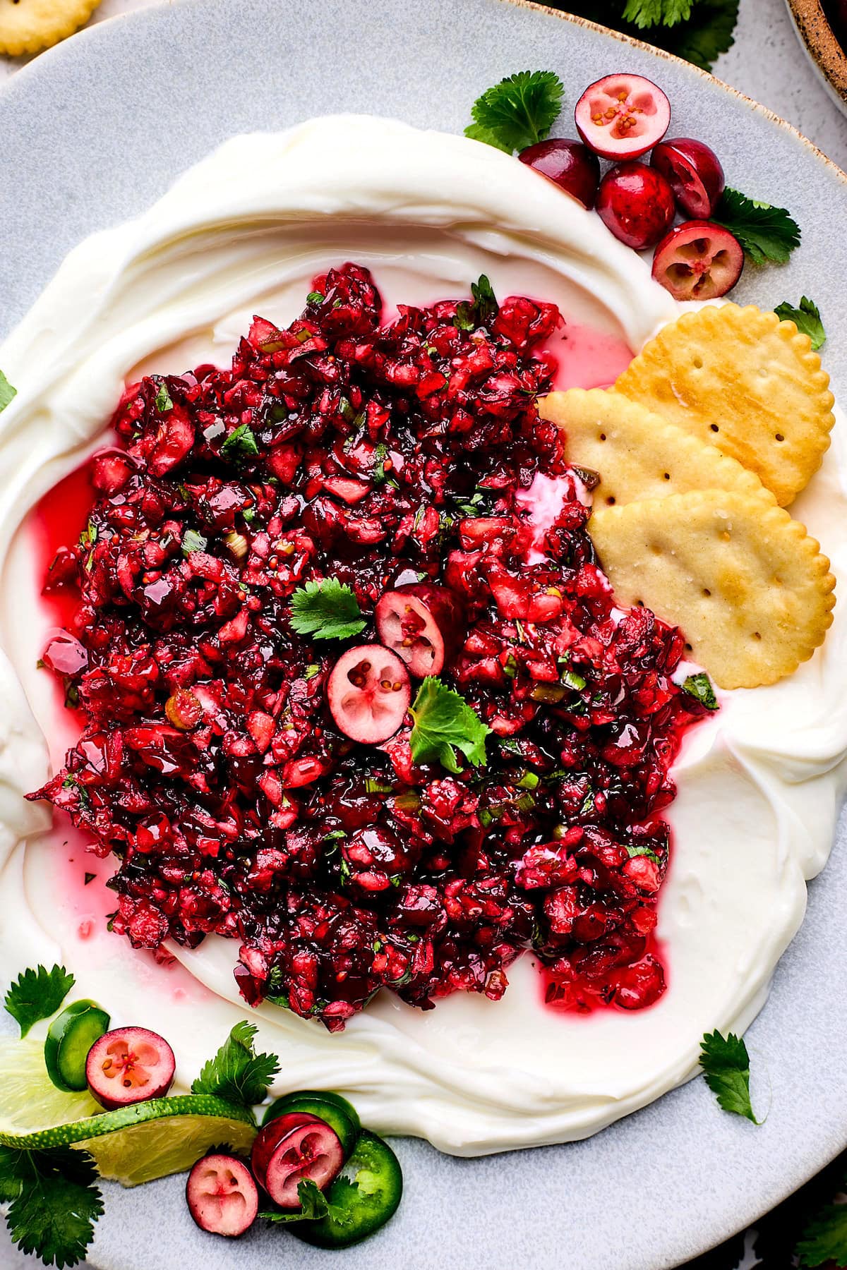 cranberry salsa served on top of whipped feta with crackers. 