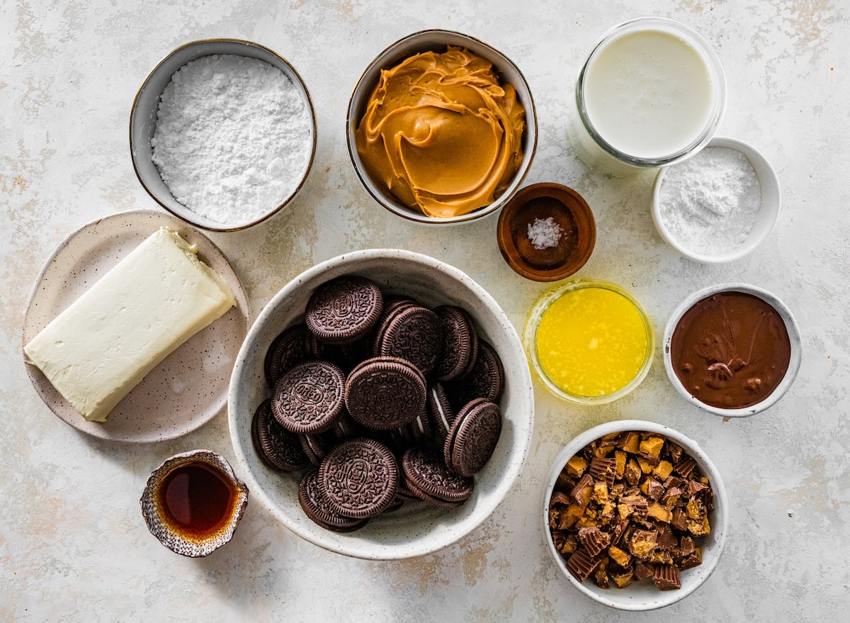 ingredients in bowls to make peanut butter pie. 