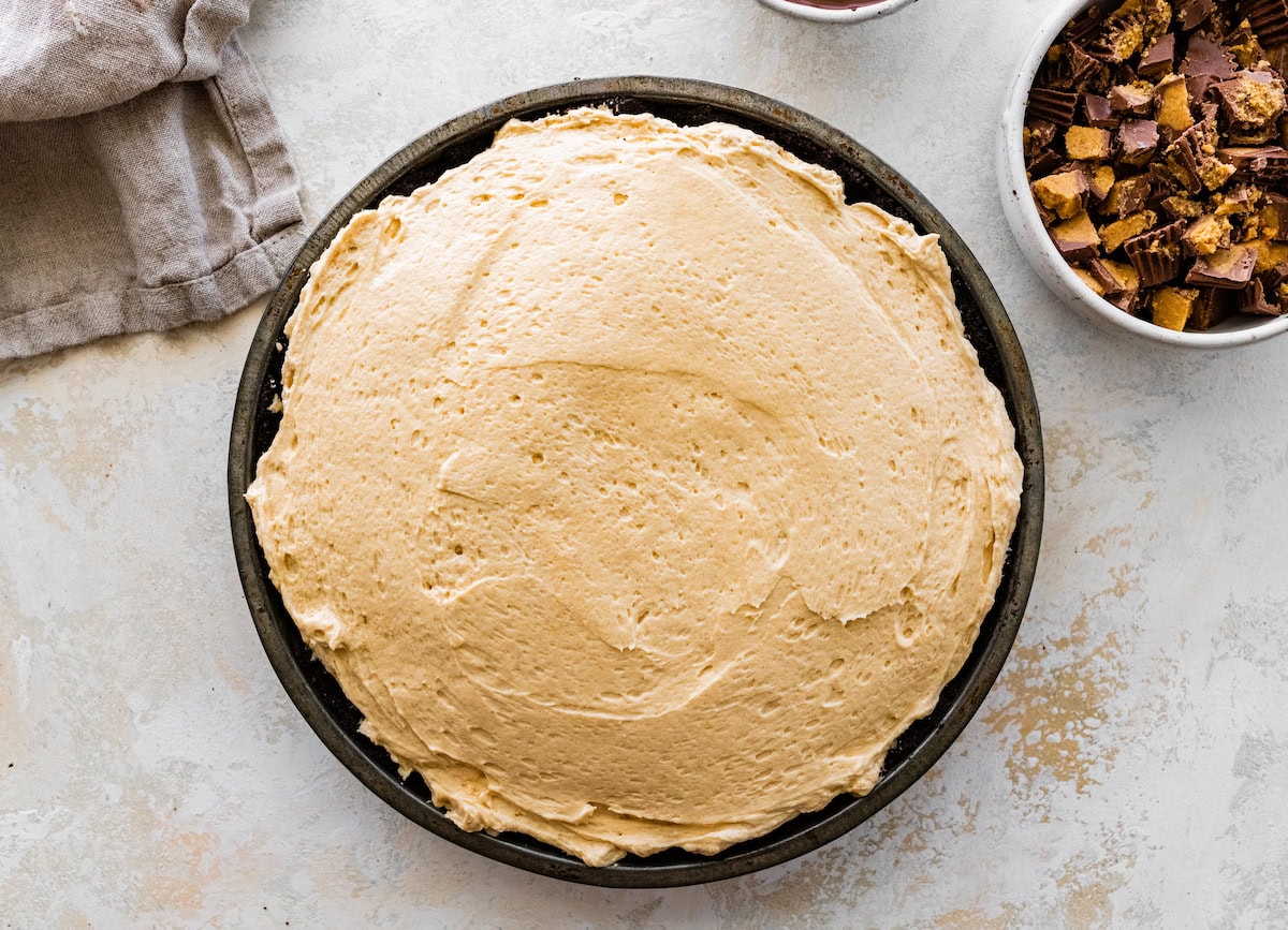 peanut butter pie in pie pan. 