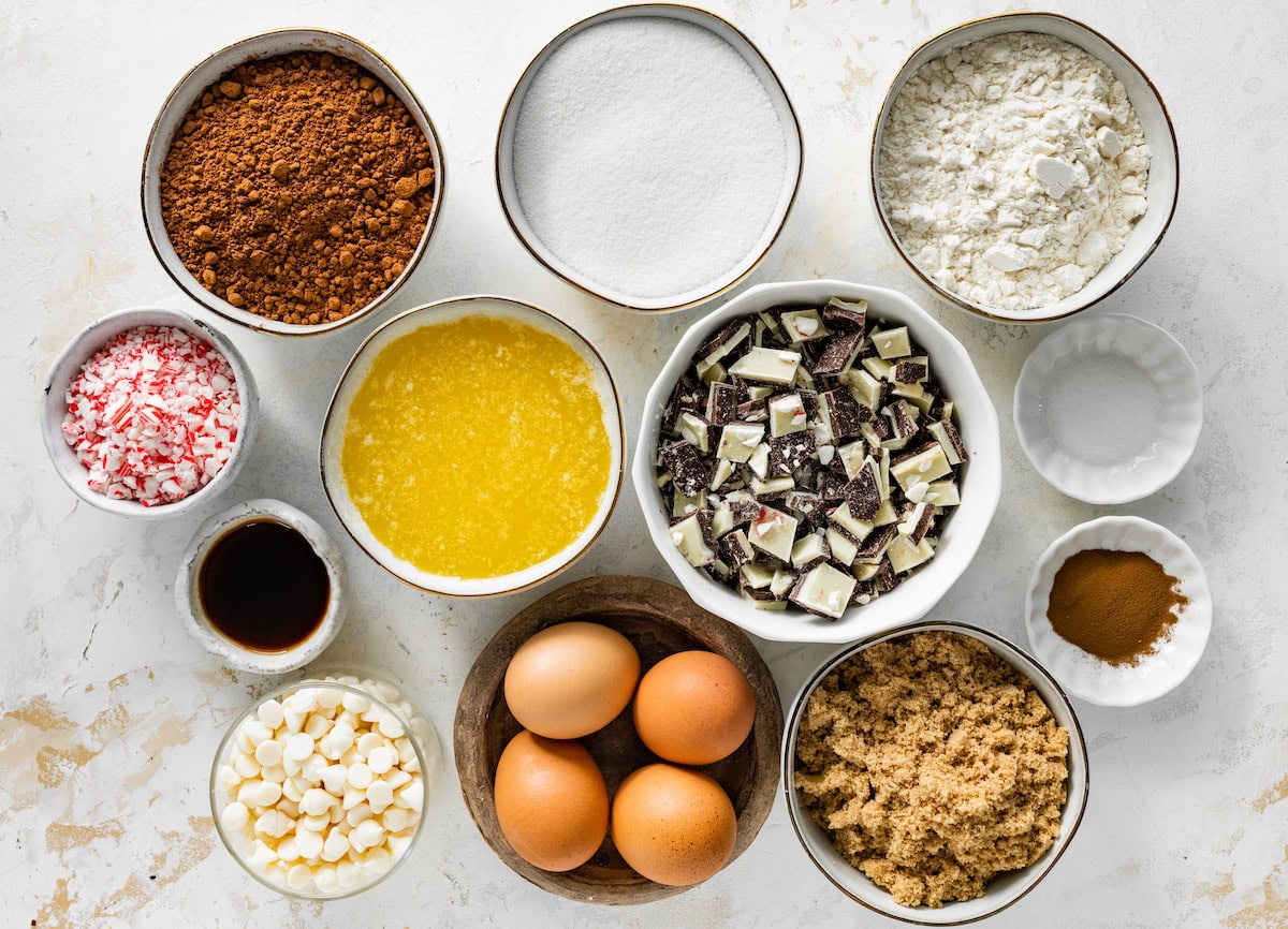 ingredients in bowls to make peppermint bark brownies. 