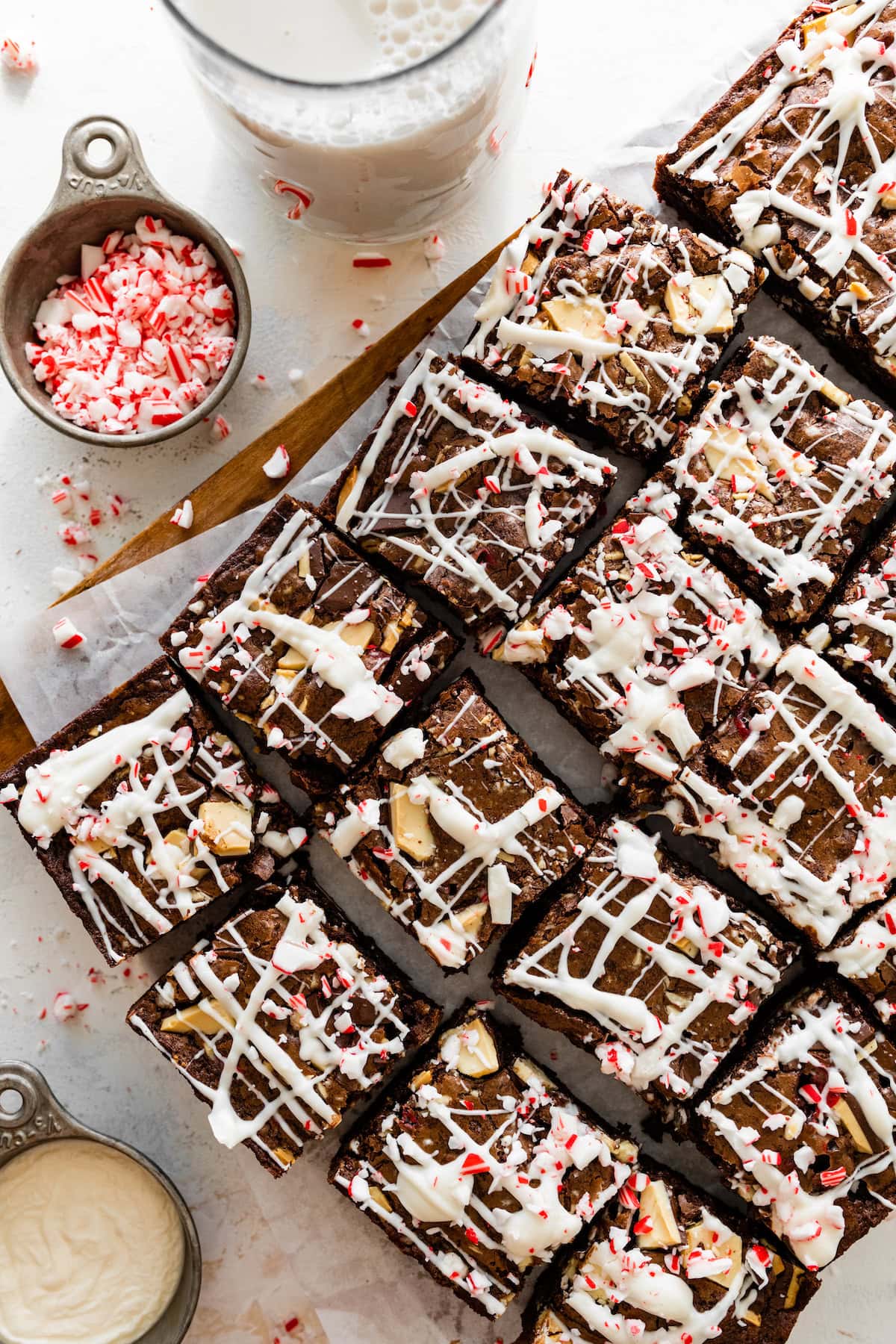 peppermint bark brownies cut into squares. 