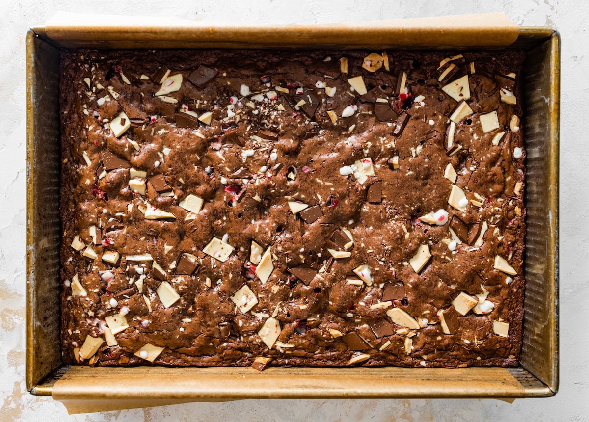 peppermint bark brownies in pan. 