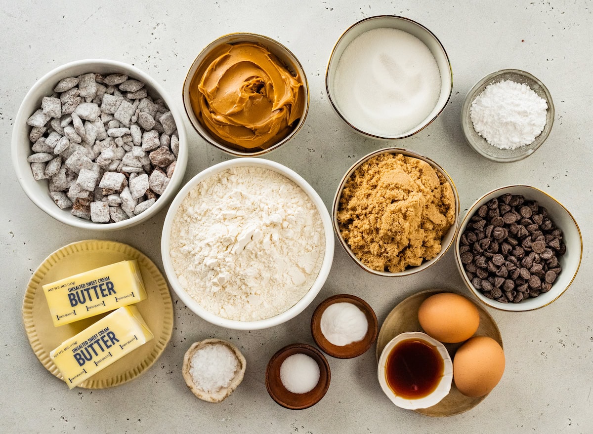 ingredients in bowls to make puppy chow cookies. 