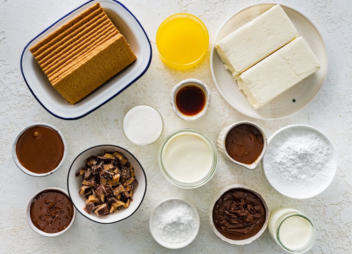 ingredients in bowls to make salted caramel toffee pie. 