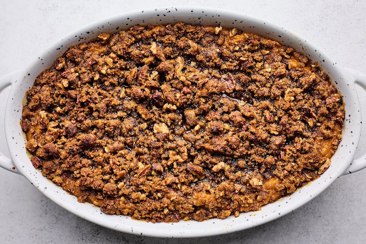 baked sweet potato casserole in baking dish. 