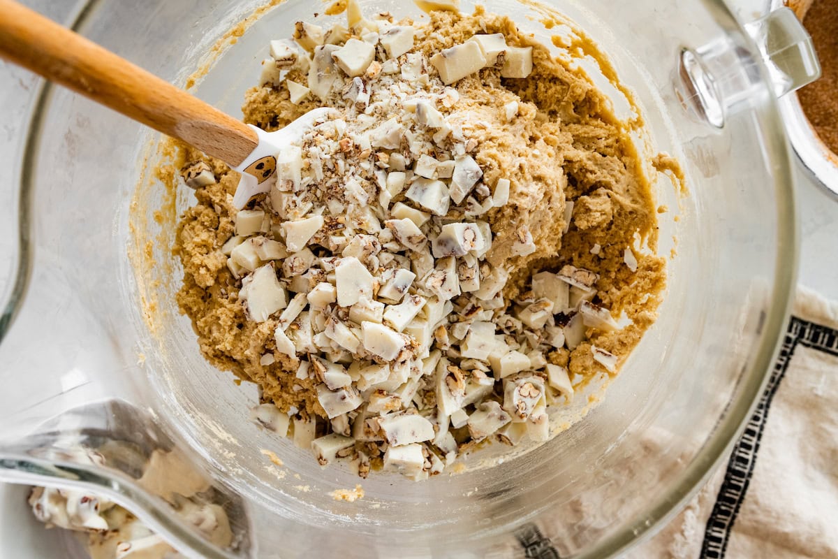 brown butter cookie dough with white chocolate candied pecan bark. 