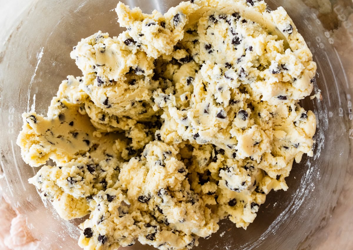 chocolate chip sugar cookie dough in mixing bowl. 