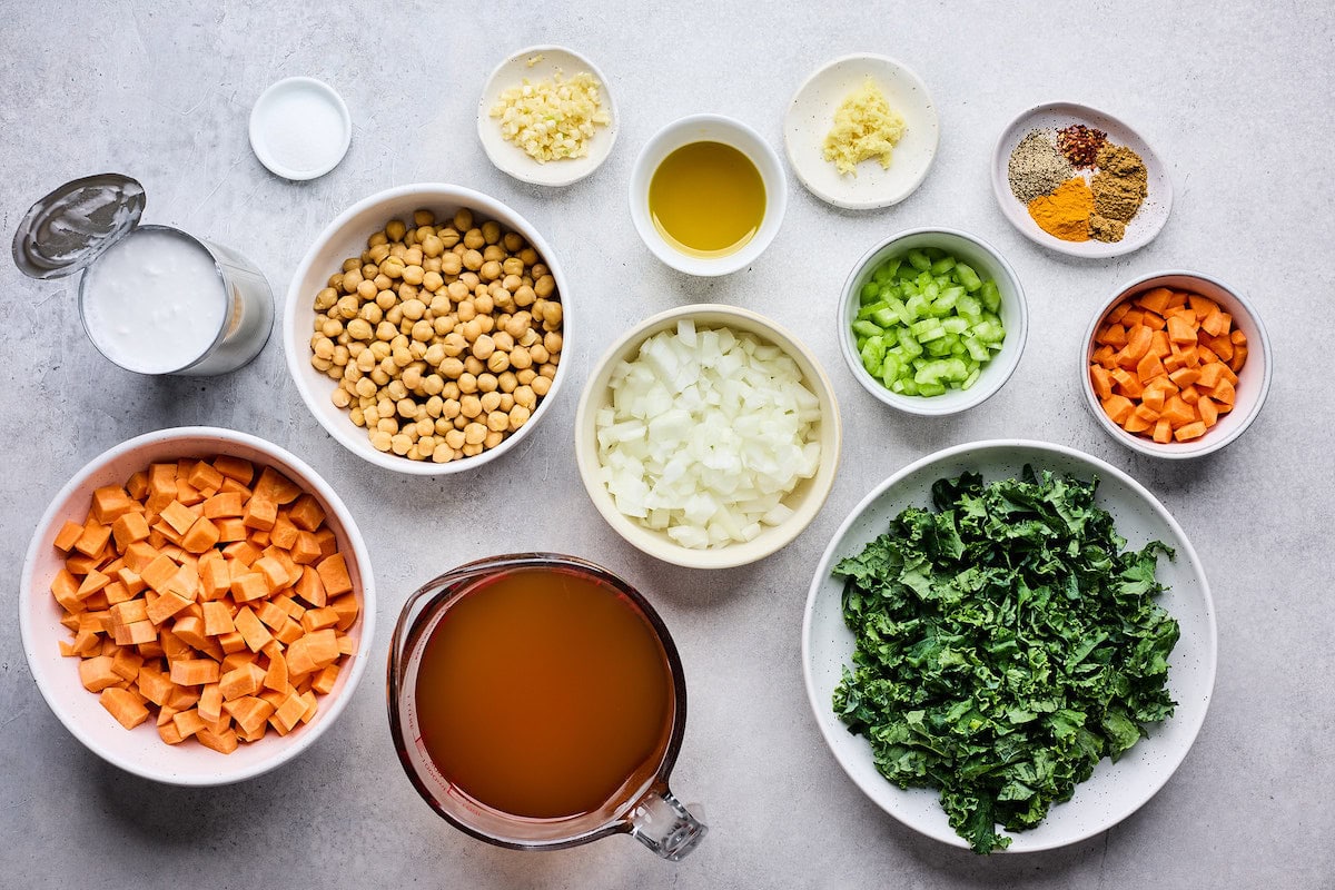 ingredients in bowls to make Creamy Coconut Ginger Sweet Potato Soup. 