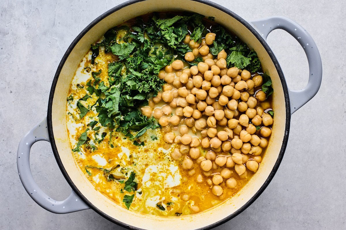 Creamy Coconut Ginger Sweet Potato Soup with chickpeas and kale. 