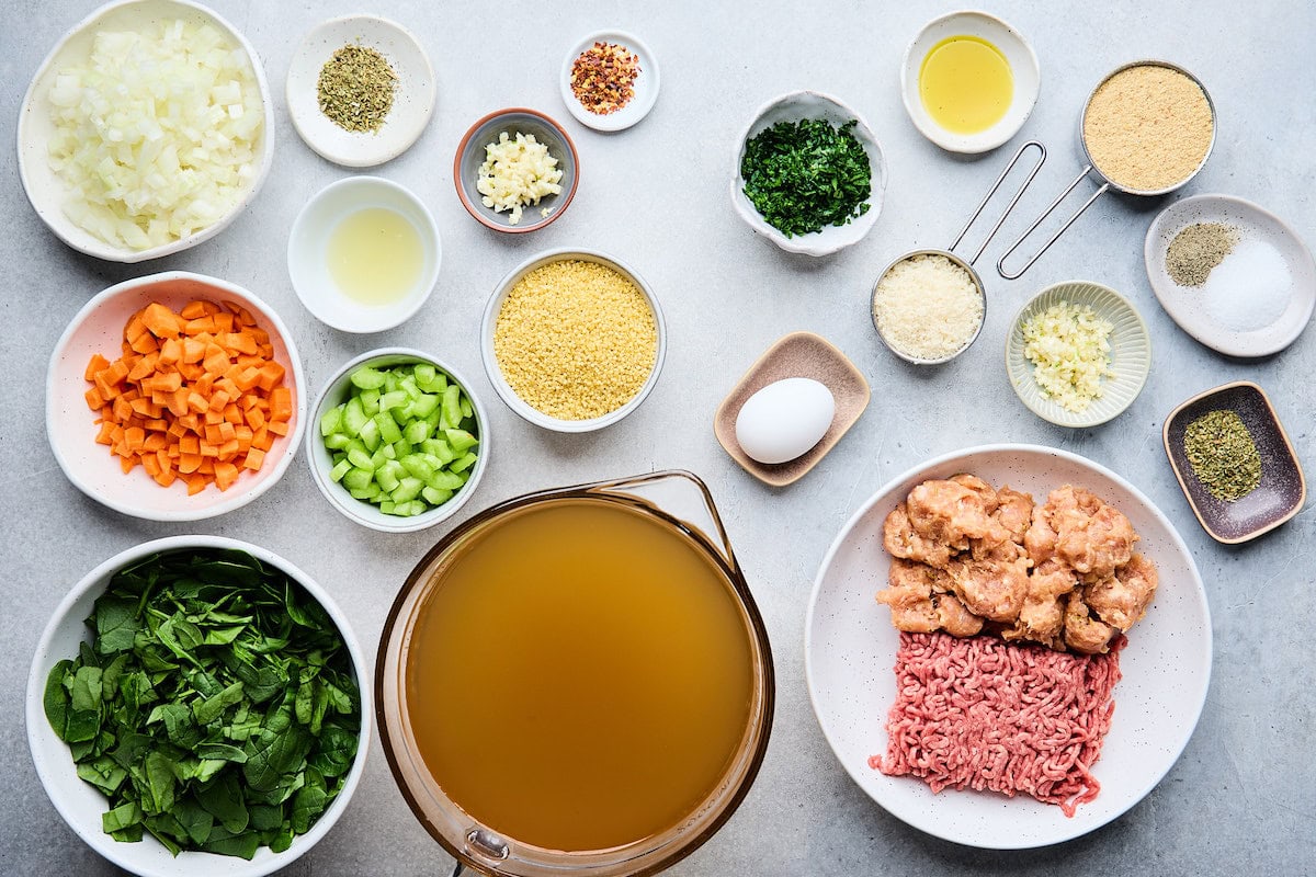 ingredients in bowls to make Italian wedding soup. 