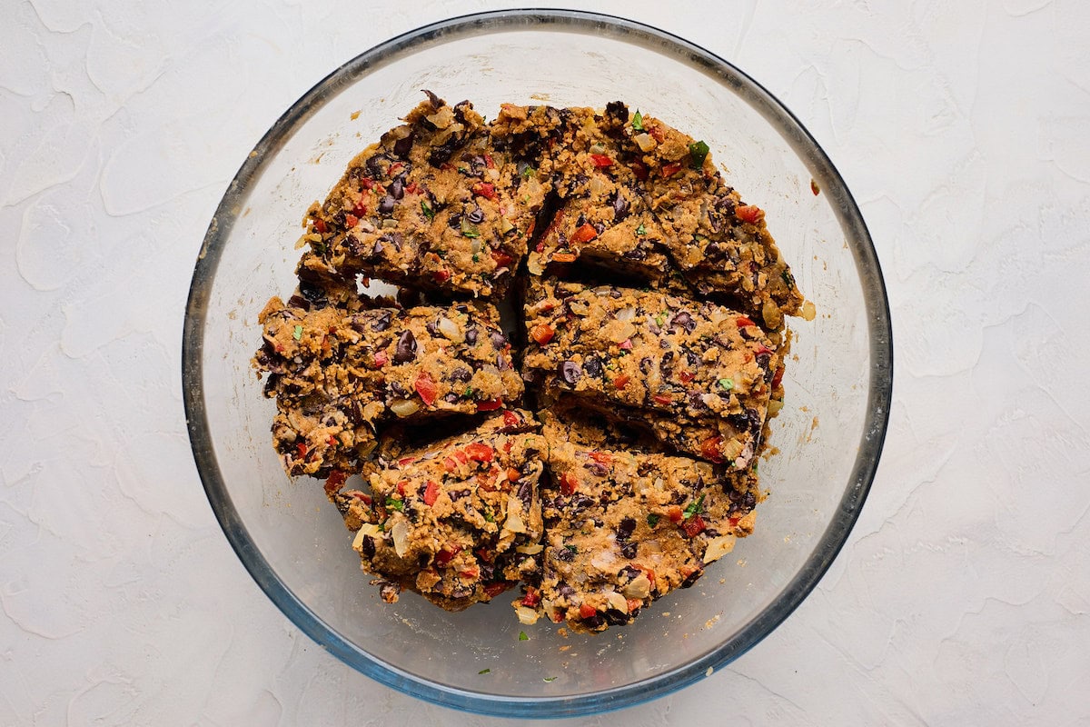 black bean burger mixture in mixing bowl. 