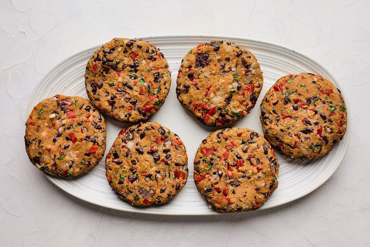 black bean burger patties on plate. 