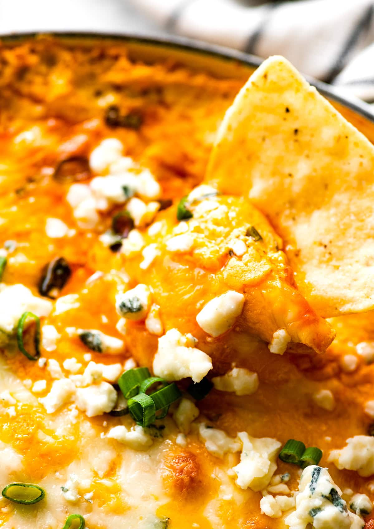 tortilla chip being dipped into buffalo chicken dip. 