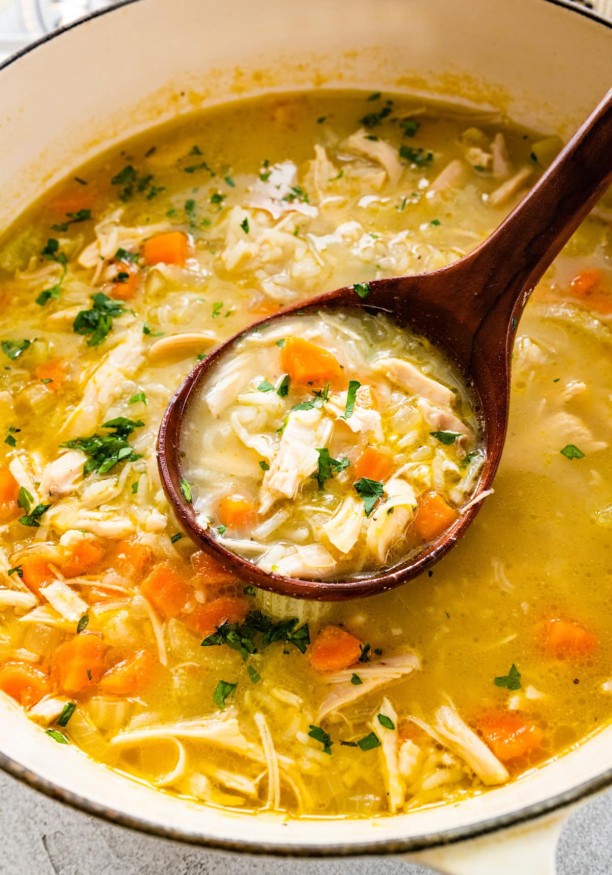 chicken and rice soup in pot with ladle. 