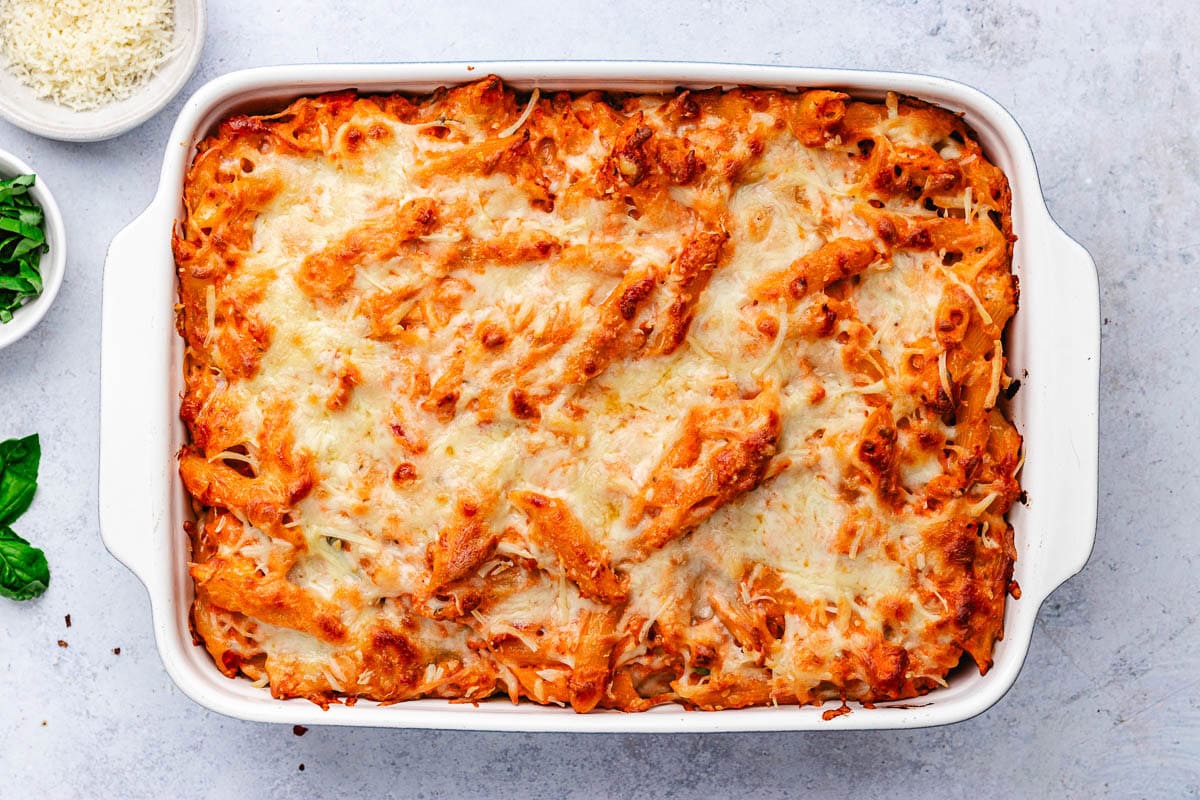 cheesy baked ziti in pan. 