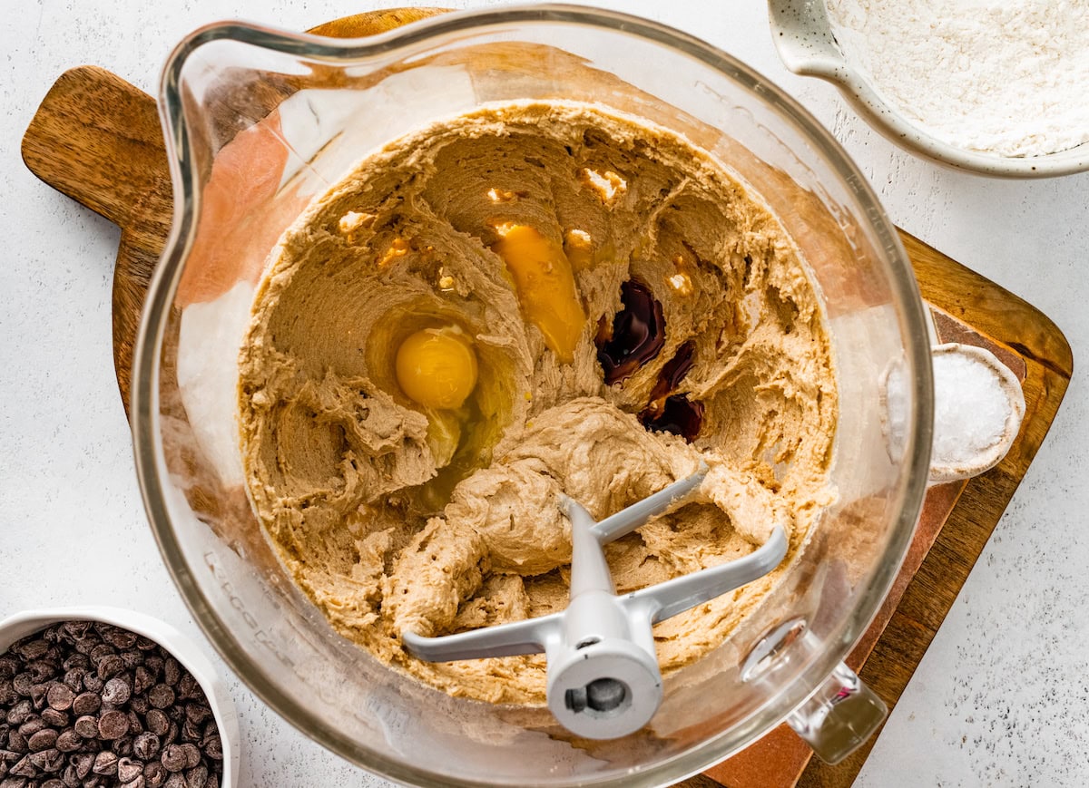 butter and sugars creamed together in mixing bowl with eggs and vanilla extract. 