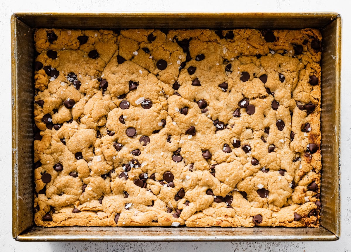 chocolate chip cookie bars in pan. 