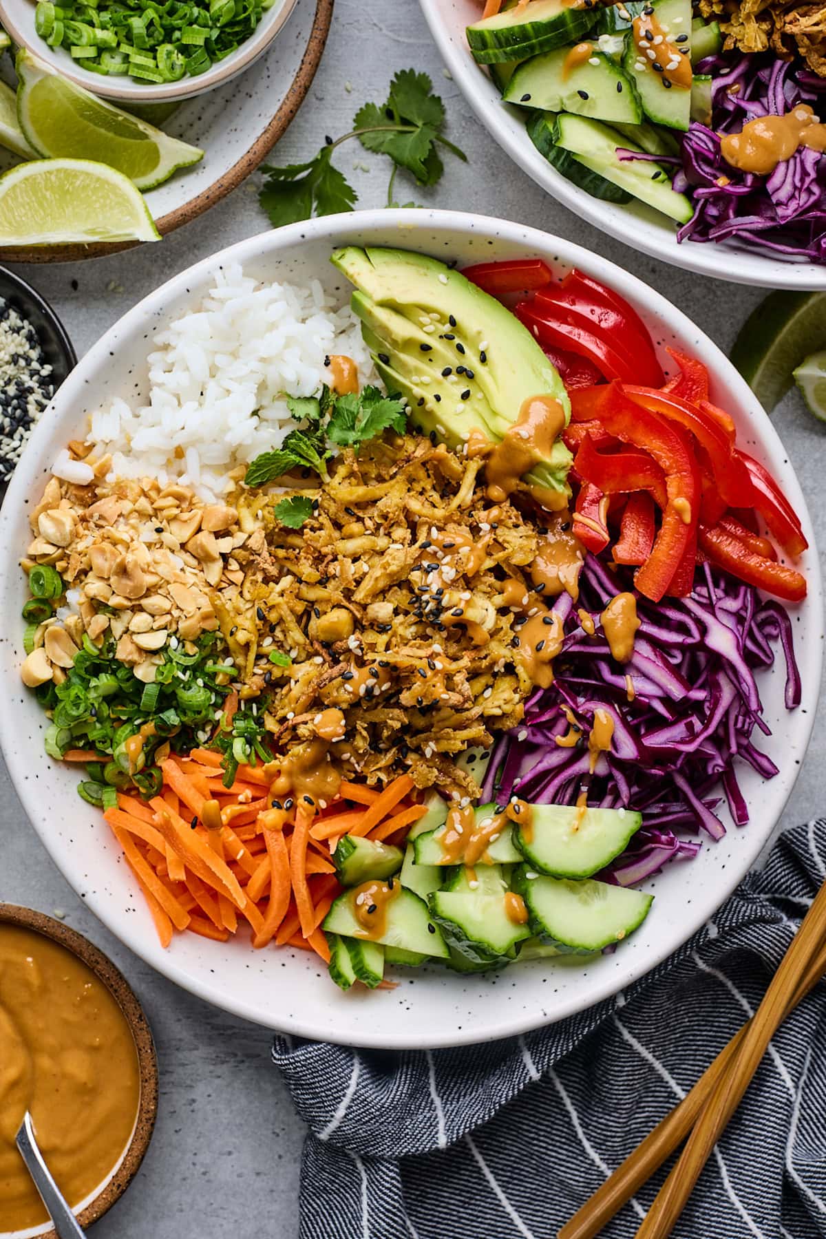 crispy shredded tofu, carrots, cabbage, cucumber, red pepper, avocado, rice, peanuts, green onions with a drizzle of peanut sauce. 