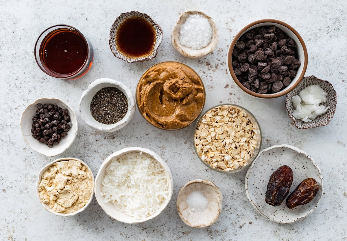 ingredients in bowls to make samoa cookie protein balls. 