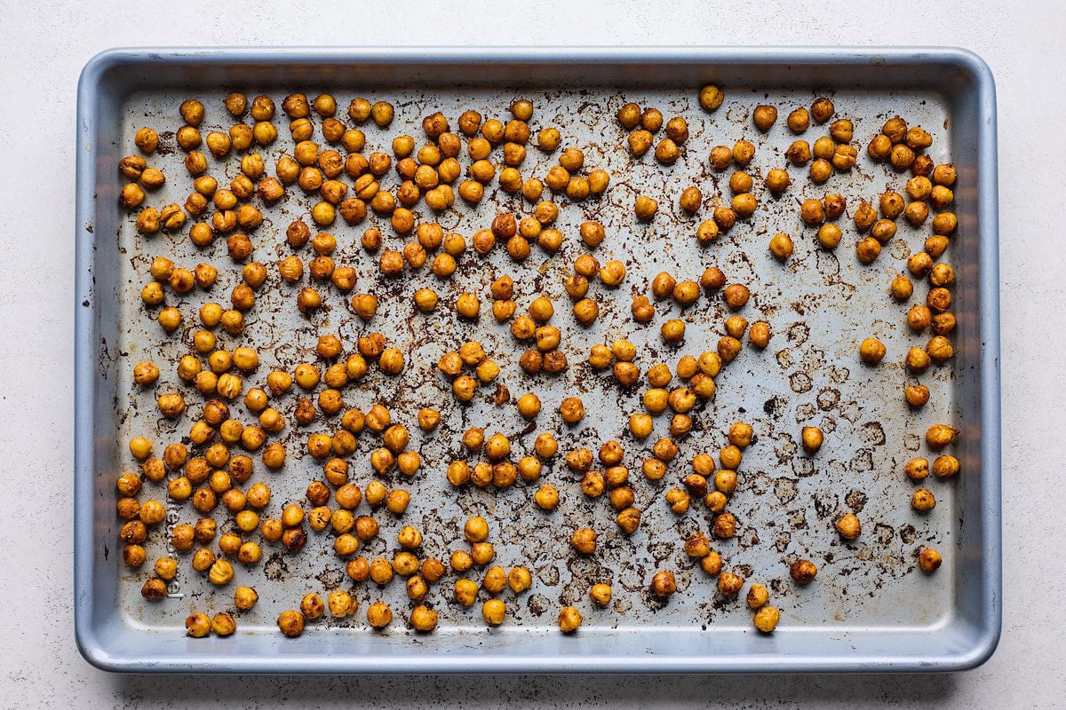 crispy chickpeas on baking sheet. 