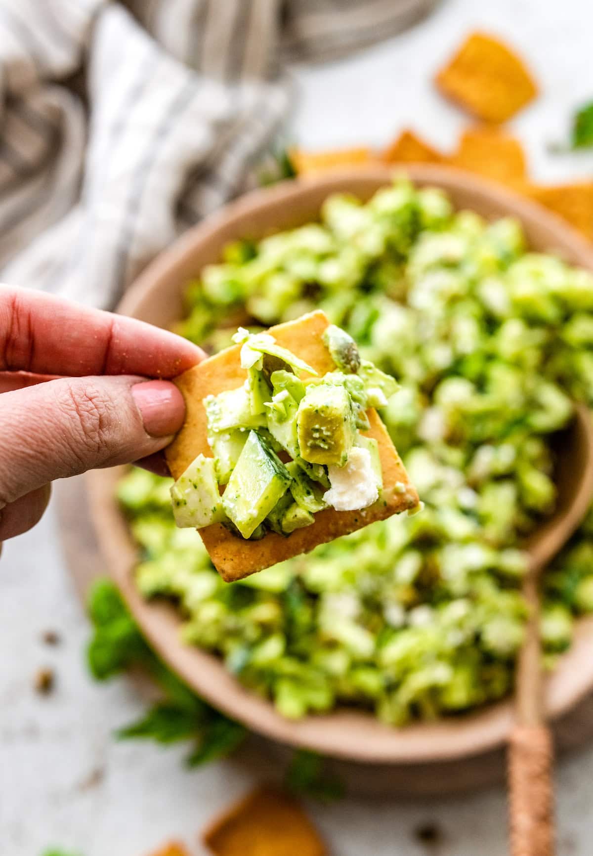 Green Goddess salad on chip. 