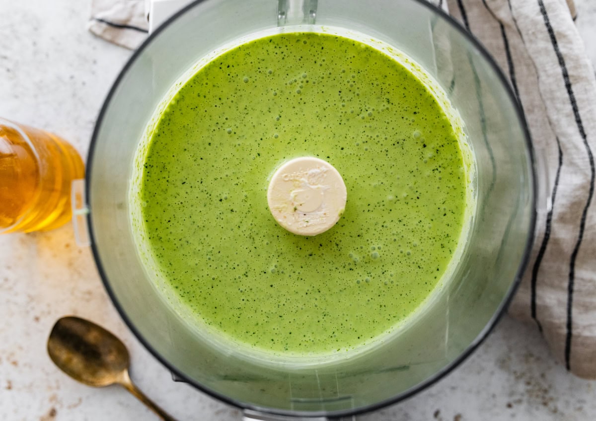 green goddess dressing in food processor. 