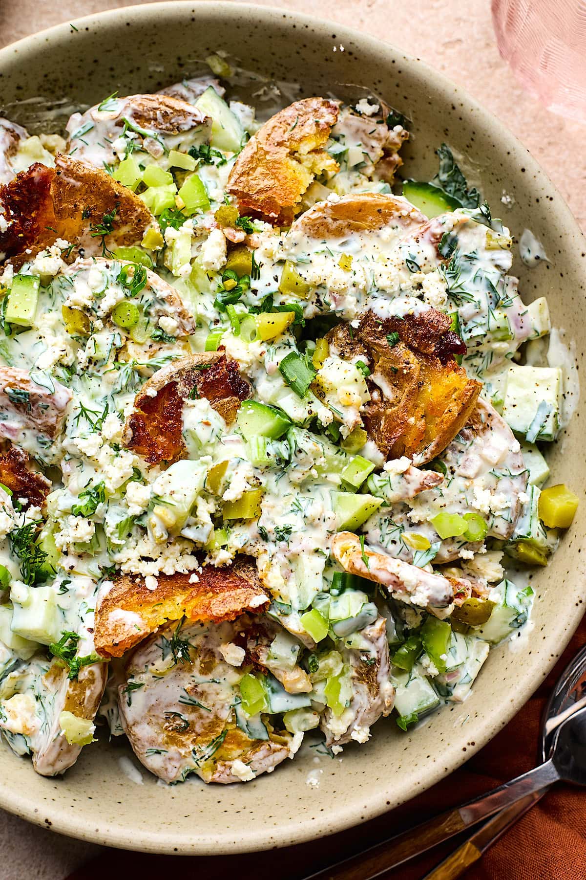 close up of smashed potato salad. 