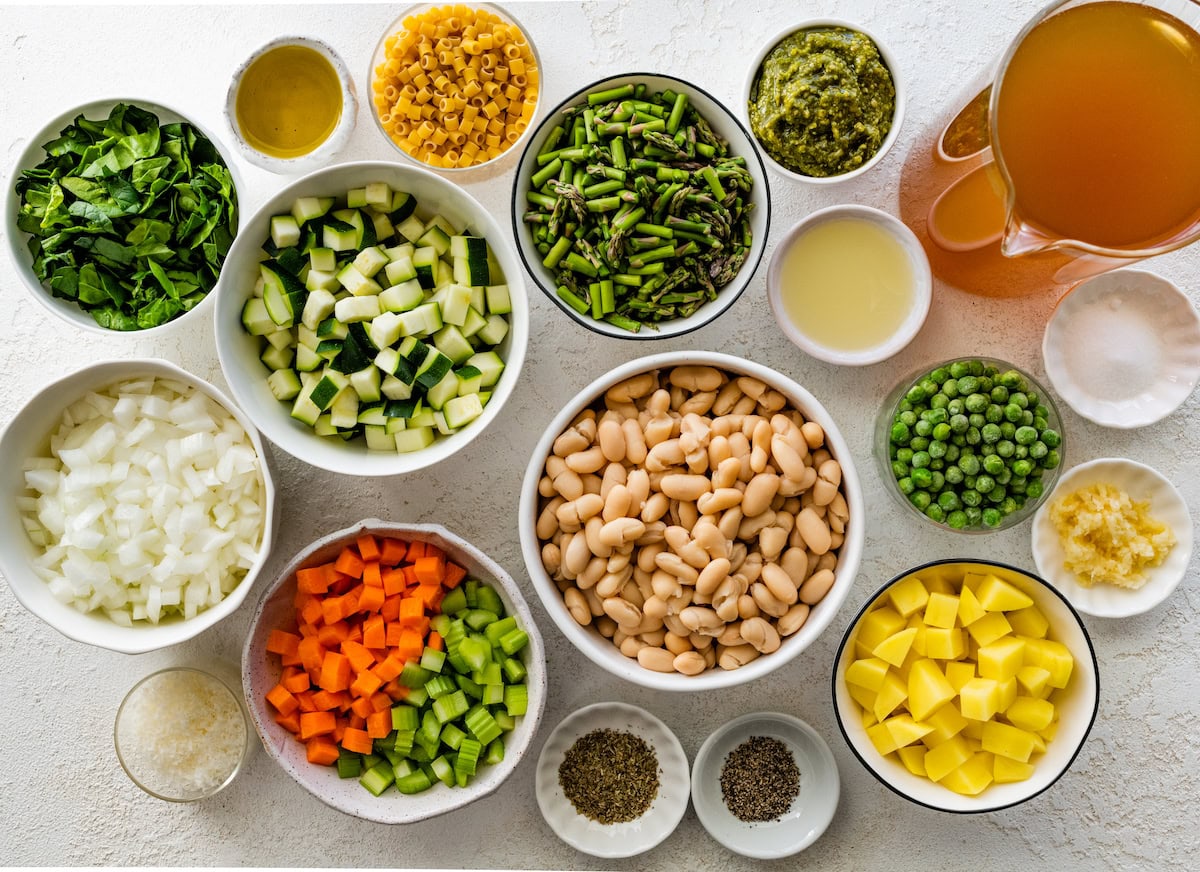 ingredients in bowls to make spring minestrone soup. 